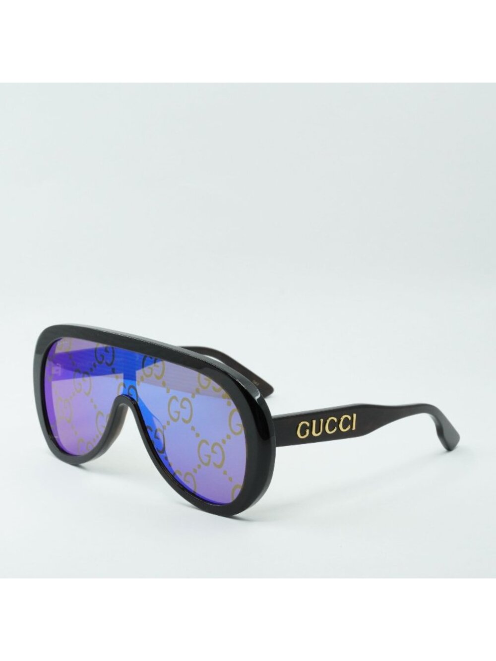 Gucci GG1370S 002 Sunglasses Havana Shield Frame, Blue Lenses